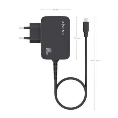 Cargador Gan de Pared Aisens ASCH-1PD65WL033-BK/ 1xUSB Tipo-C + Cable 1.8m/ 65W