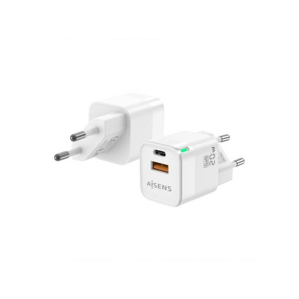 Cargador Gan de Pared Aisens ASCH-20W2P002-W/ 1xUSB Tipo-C/ 1xUSB/ 20W