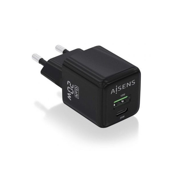 Cargador Gan de Pared Aisens ASCH-20W2P011-BK/ 1xUSB Tipo-C/ 1xUSB/ 20W