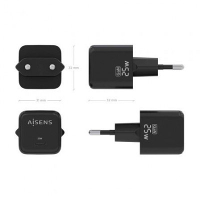 Cargador Gan de Pared Aisens ASCH-25W1P013-BK/ 1xUSB Tipo-C/ 25W