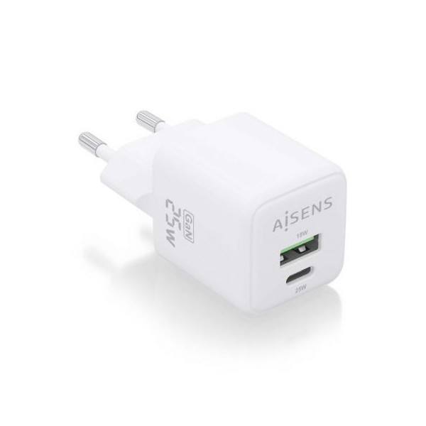 Cargador Gan de Pared Aisens ASCH-25W2P014-W/ 1xUSB Tipo-C/ 1xUSB/ 25W