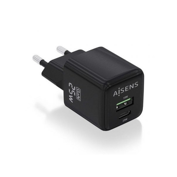 Cargador Gan de Pared Aisens ASCH-25W2P015-BK/ 1xUSB Tipo-C/ 1xUSB/ 25W