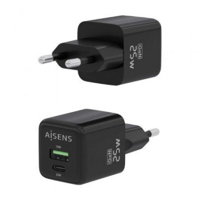 Cargador Gan de Pared Aisens ASCH-25W2P015-BK/ 1xUSB Tipo-C/ 1xUSB/ 25W