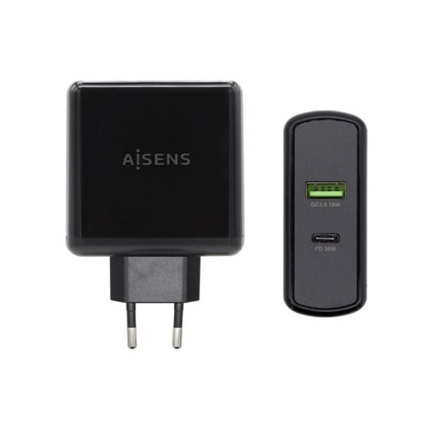 Cargador de Pared Aisens ASCH-2PD30QC-BK/ 1xUSB Tipo-C/ 1x USB/ 48W