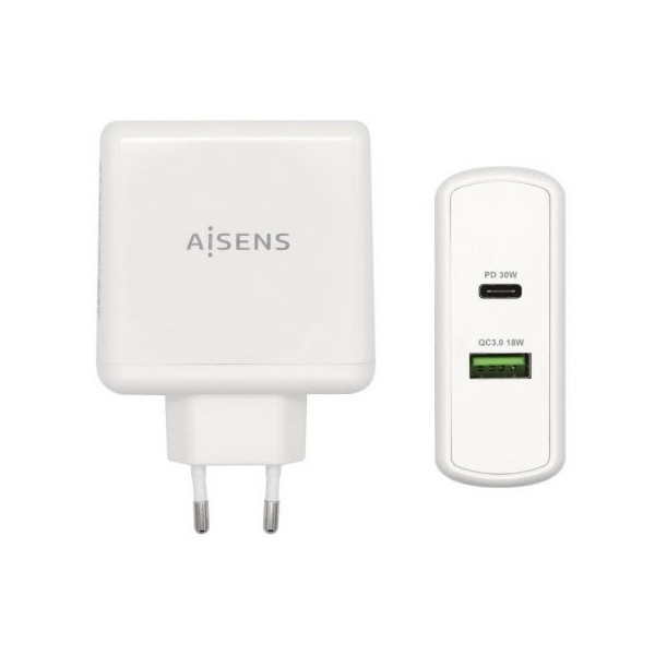 Cargador de Pared Aisens ASCH-2PD30QC-W/ 1xUSB Tipo-C/ 1x USB/ 48W