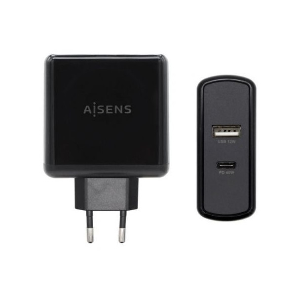 Cargador de Pared Aisens ASCH-2PD45A-BK/ 1xUSB Tipo-C/ 1x USB/ 57W