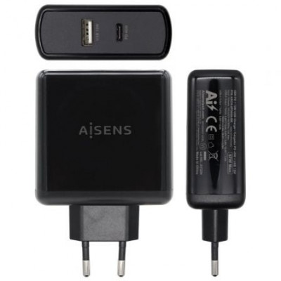 Cargador de Pared Aisens ASCH-2PD45A-BK/ 1xUSB Tipo-C/ 1x USB/ 57W