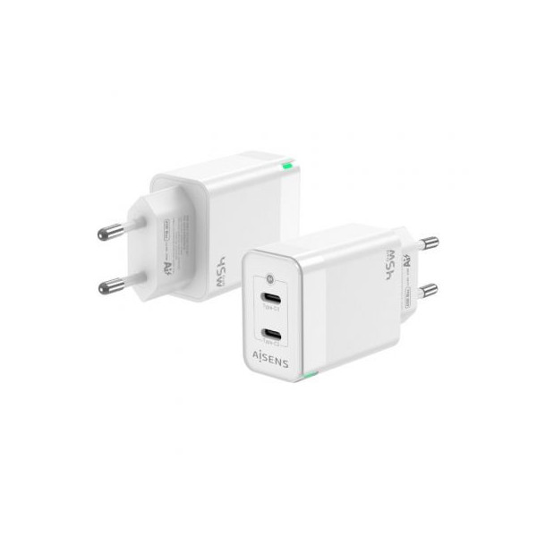 Cargador Gan de Pared Aisens ASCH-45W2P005-W/ 2xUSB Tipo-C/ 45W