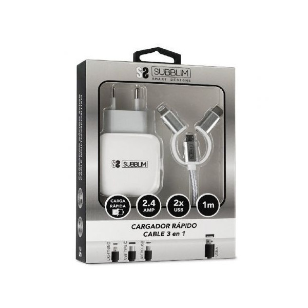 Cargador de Pared Subblim SUB-CHG-1ZWC01/ 2xUSB + Cable 3 en 1/ 12W/ Blanco