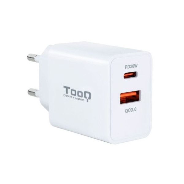 Cargador de Pared TooQ TQWC-2SC04WT/ 1xUSB Tipo-C/ 1xUSB/ 20W