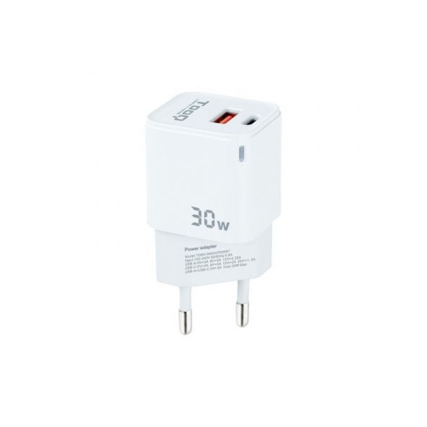 Cargador de Pared TooQ TQWC-GANQCPD30WT/ 1xUSB Tipo-C/ 1xUSB/ 30W