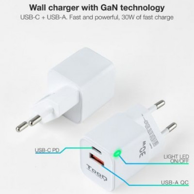 Cargador de Pared TooQ TQWC-GANQCPD30WT/ 1xUSB Tipo-C/ 1xUSB/ 30W