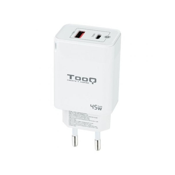 Cargador Gan de Pared TooQ TQWC-GANQCPD45WT/ 1xUSB Tipo-C/ 1xUSB/ 45W