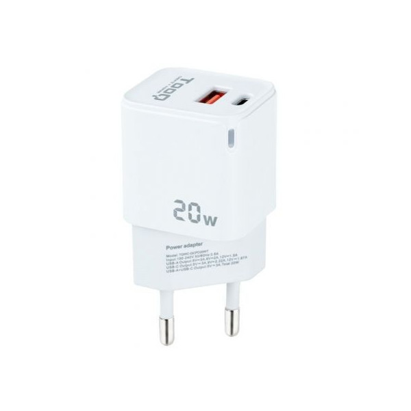 Cargador de Pared TooQ TQWC-QCPD20WT/ 1xUSB-Tipo C/ 1x USB/ 20W/ Blanco