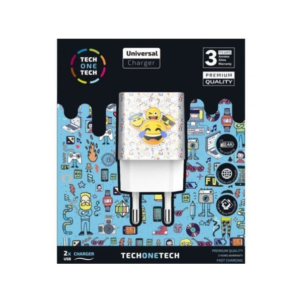 Cargador de Pared Tech One Tech Emojitech Smile TEC2502/ 2xUSB/ 2.4A/ Blanco