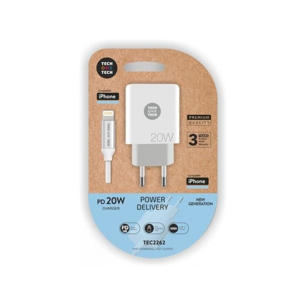 Cargador de Pared Tech One Tech TEC2262/ 1xUSB Tipo-C + Cable Lightning/ 3A/ Blanco