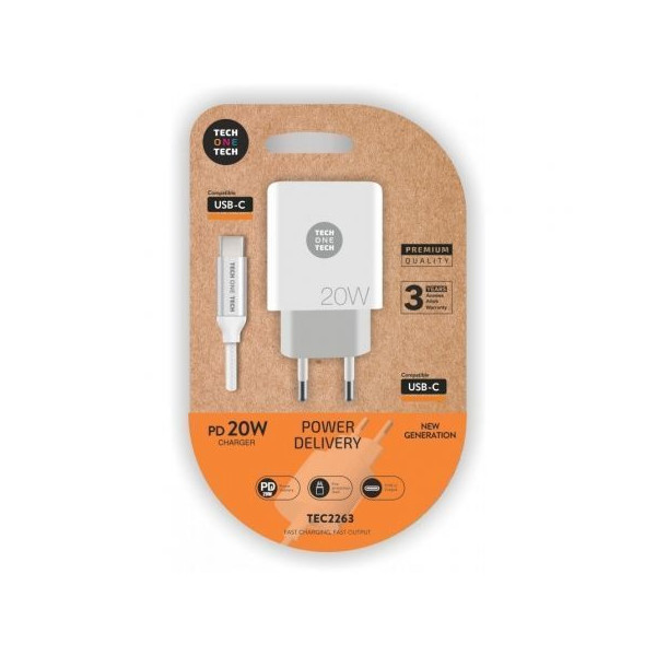 Cargador de Pared Tech One Tech TEC2263/ 1xUSB Tipo-C + Cable USB Tipo-C/ 3A/ Blanco