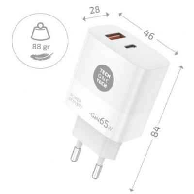 Cargador Gan de Pared Tech One Tech GaN PD TEC2273 / 1xUSB Tipo-C/ 1x USB/ 65W