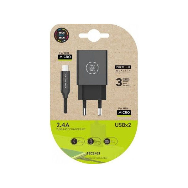 Cargador de Pared Tech One Tech TEC2421/ 2xUSB + Cable Micro USB/ 2.4A/ Negro