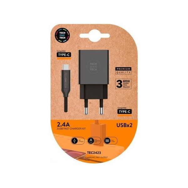 Cargador de Pared Tech One Tech TEC2423/ 2xUSB + Cable USB Tipo-C/ 2.4A/ Negro