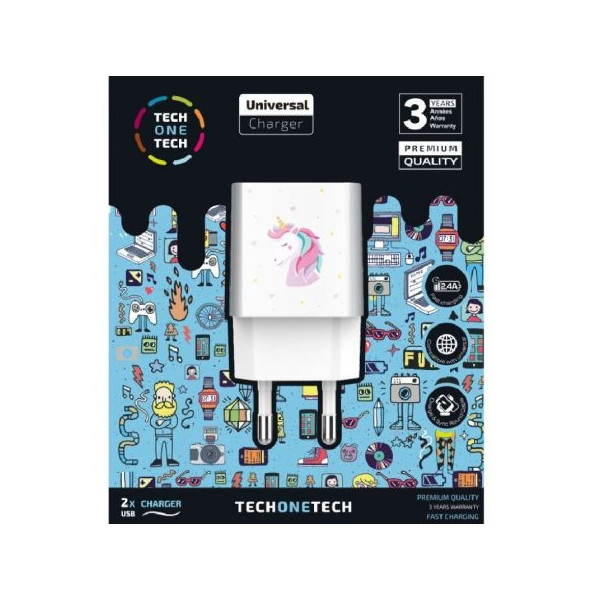 Cargador de Pared Tech One Tech Unicornio Dream/ 2xUSB/ 2.4A/ Blanco