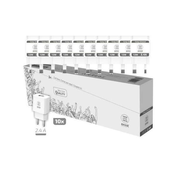 Pack 10 Cargadores de Pared Tech One Tech Basik TEC2954/ 1xUSB/ 12W