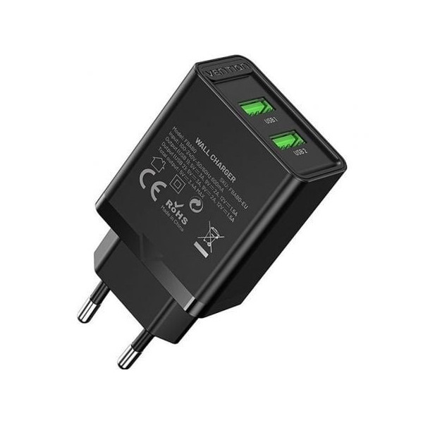 Cargador de Pared Vention FBAB0-EU/ 2xUSB/ 18W/ Negro