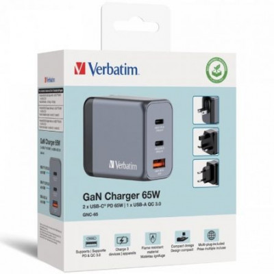 Cargador de Pared Universal Verbatim GNC-65/ 2xUSB Tipo-C/ 1xUSB/ 65W