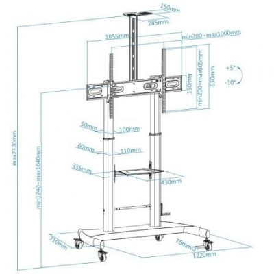 Soporte de Pie Inclinable/Nivelable con Ruedas TooQ FS20404HM-B para TV de 60-100"/ hasta 100kg