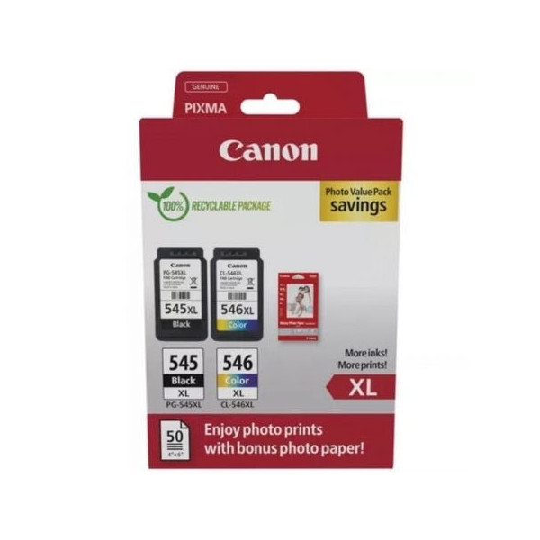 Cartucho de Tinta Original Canon PG-545XL + CL546XL Multipack Alta Capacidad/ Negro/ Tricolor + Papel Fotográfico