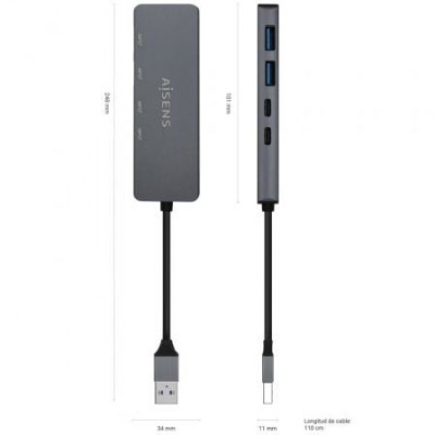 Hub USB 3.2 Aisens A106-0746/ 2xUSB/ 2xUSB Tipo-C/ Gris