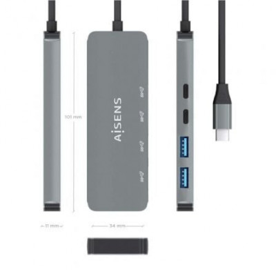 Hub USB Tipo-C Aisens A109-0694/ 2xUSB/ 2xUSB Tipo-C/ Gris