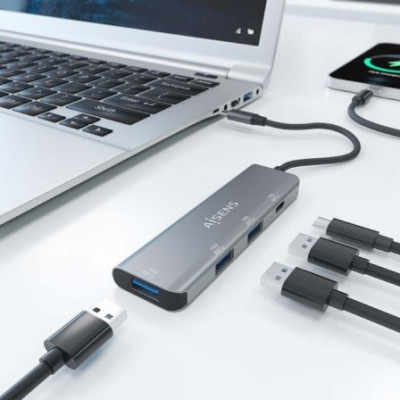 Hub USB Tipo-C Aisens A109-0764/ 3xUSB/ 1xUSB Tipo-C/ Gris