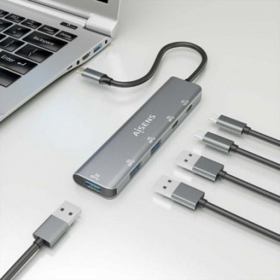 Hub USB Tipo-C Aisens A109-0857/ 3xUSB/ 1xUSB Tipo-C/ 1xUSB Tipo-C PD/ Gris