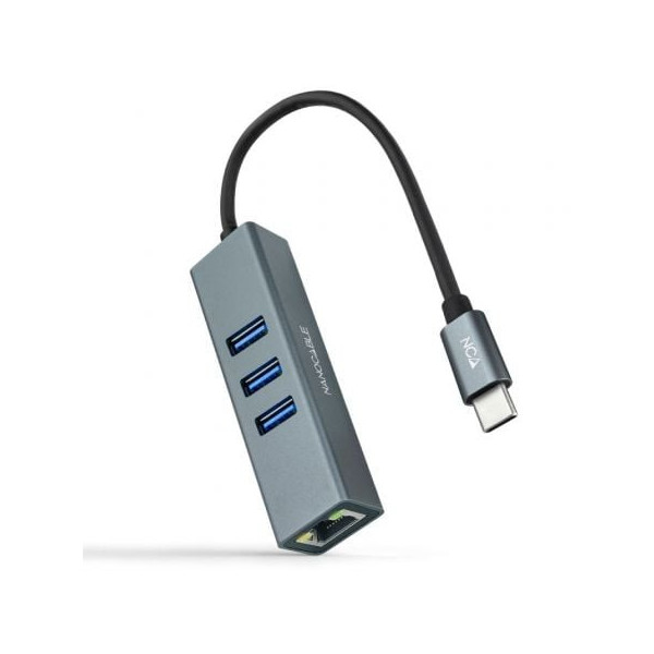 Hub USB Tipo-C Nanocable 10.03.0408/ 3xUSB/ 1xRJ45/ Gris