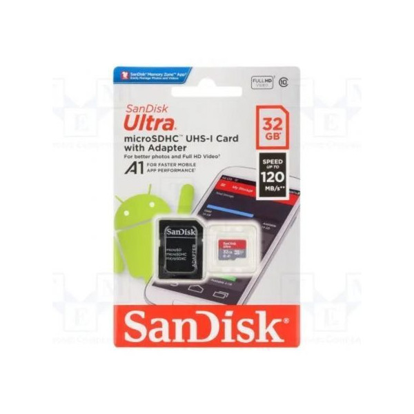 Tarjeta de Memoria SanDisk Ultra 32GB microSD HC UHS-I con Adaptador/ Clase 10/ 120MBs