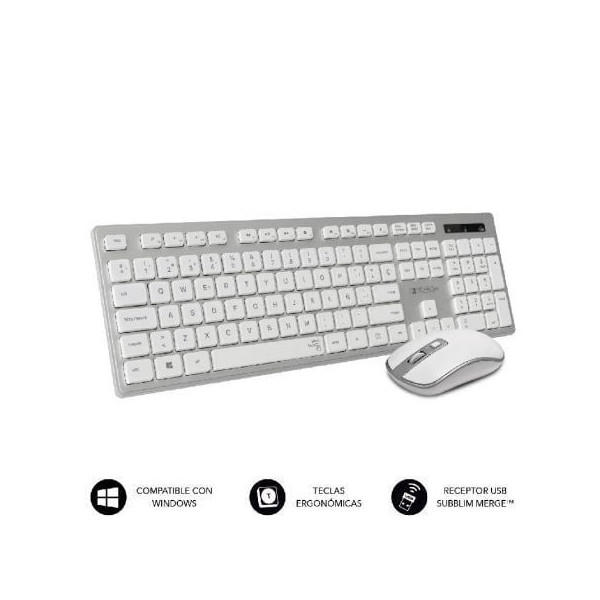 Teclado y Ratón Inalámbrico Subblim Combo Wireless Ergo Keys Silent Flat HQ/ Plata y Blanco