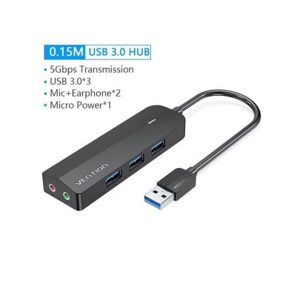 Hub USB 3.0 con Tarjeta de Sonido Vention CHIBB/ 3xUSB/ 1xMicroUSB PD