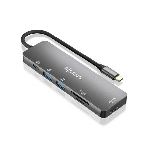 Docking USB Tipo-C Aisens ASUC-6P016-GR/ 1xHDMI/ 2xUSB/ 1xLector Tarjetas/ 1xUSB Tipo-C PD/ Gris