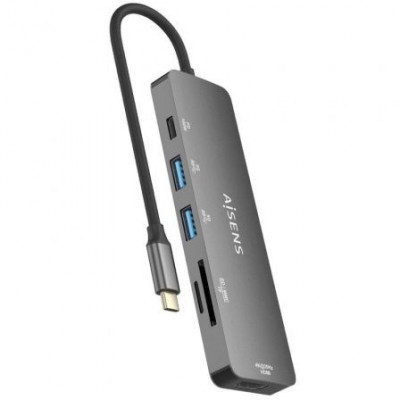 Docking USB Tipo-C Aisens ASUC-6P016-GR/ 1xHDMI/ 2xUSB/ 1xLector Tarjetas/ 1xUSB Tipo-C PD/ Gris