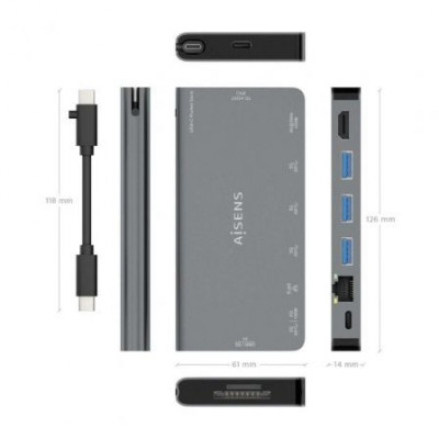 Docking USB Tipo-C Aisens ASUC-8P015-GR/ 1xHDMI/ 3xUSB/ 1xRJ45/ 1xLector Tarjetas / 1xUSB Tipo-C/ Gris