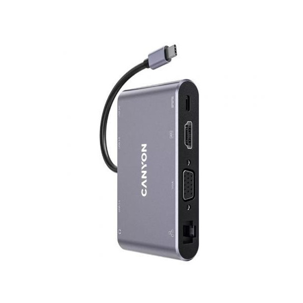 Docking USB Tipo-C Canyon CNS-TDS14/ 1xVGA/ 1xHDMI/ 3xUSB/ 1xRJ45/ 1xJack/ 1xUSB Tipo-C PD/ Gris Oscuro