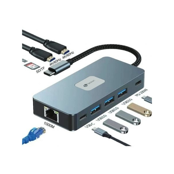 Docking USB Tipo-C Leotec LEDS02/ 3xUSB/ 1xUSB Tipo-C/ 1xUSB Tipo-C PD/ 2xHDMI 4K/ 1xRJ45/ 1xLector Tarjetas SD y MicroSD/ Gris