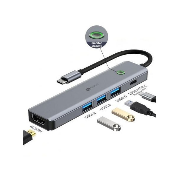 Docking USB Tipo-C Leotec LEDS05/ 3xUSB/ 1xUSB Tipo-C PD/ 1xHDMI/ Gris