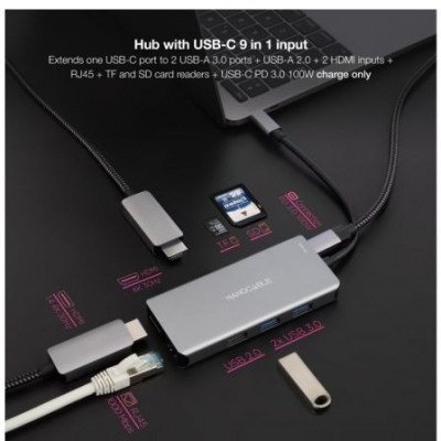 Docking Tipo-C Nanocable 10.16.1009/ 3xUSB/ 2xHDMI 4K/ 1xRJ45/ 1xLector tarjetas/ 1xUSB Tipo-C PD/ Gris