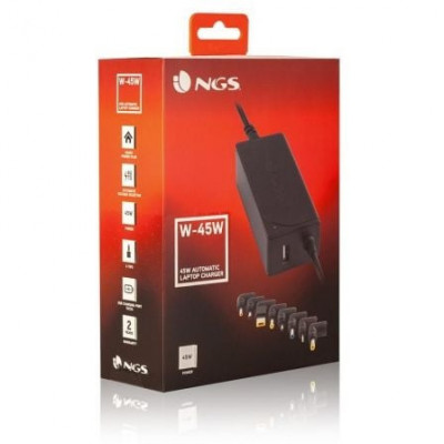 Cargador de Portátil NGS W-45W/ 45W/ Automático/ 8 Conectores/ Voltaje 19-20V/ 1 USB