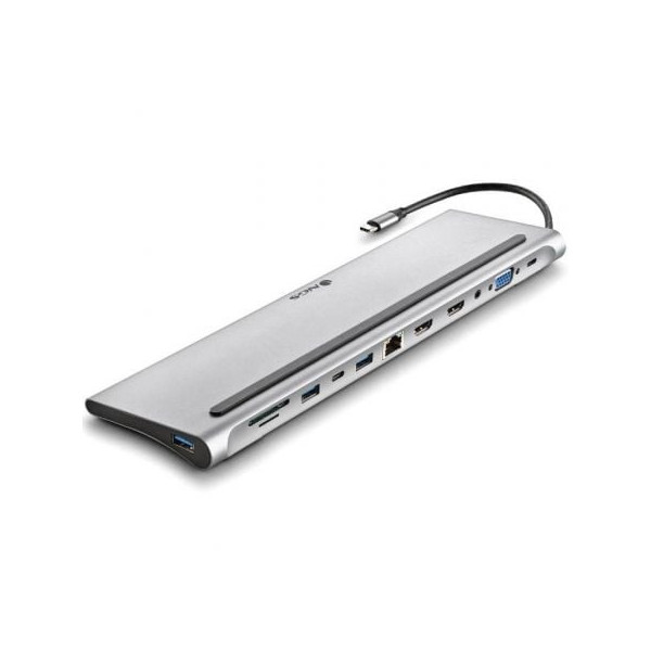 Docking USB Tipo-C NGS WonderDock12/ 3xUSB/ 2xHDMI/ 1xVGA/ 1xRJ45/ 1xLector de Tarjetas/ 1xJack 3.5/ 1xUSB Tipo-C PD/ Gris