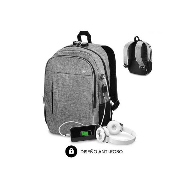 Mochila Subblim Urban Lock para Portátiles hasta 16"/ Puerto USB/ Antirrobo/ Gris