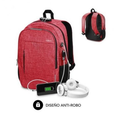 Mochila Subblim Urban Lock para Portátiles hasta 16"/ Puerto USB/ Antirrobo/ Rojo