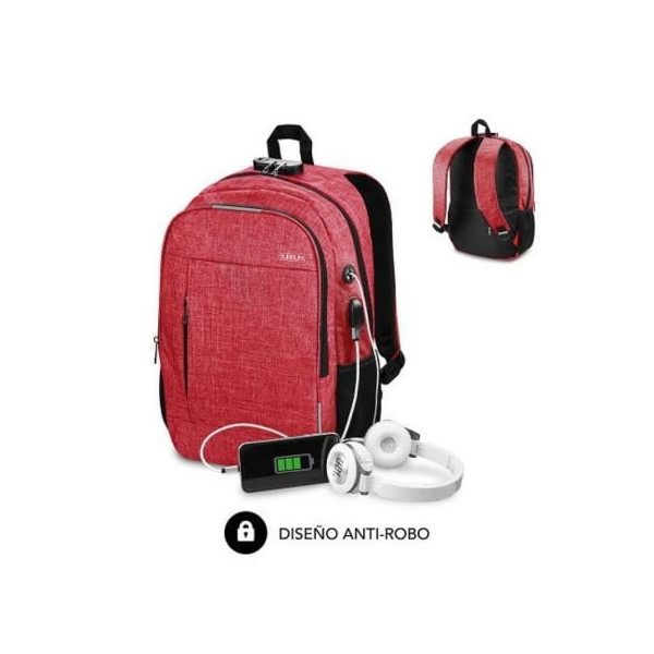 Mochila Subblim Urban Lock para Portátiles hasta 16"/ Puerto USB/ Antirrobo/ Rojo